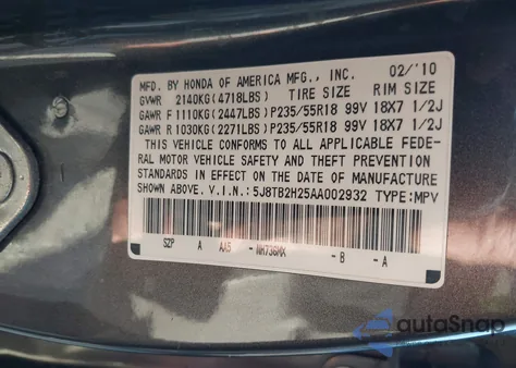 2010 Acura Rdx z USA, uszkodzony, nr VIN 5J8TB2H25AA002932